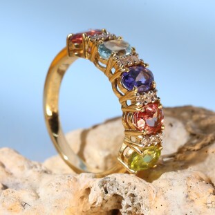 Meia Aliança Com Pedras Naturais E Diamantes Em Ouro Amarelo