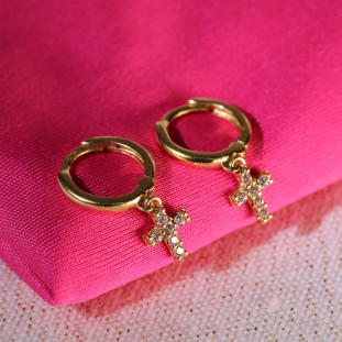 Argola Cruz Cravejada com Zircônia em Ouro Amarelo