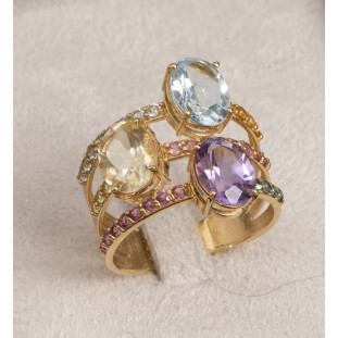 Anel Oval com Pedras Naturais 3 Aros em Ouro Amarelo