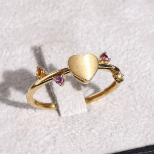 Anel Coração Fosco Com Pedras Naturais Em Ouro Amarelo