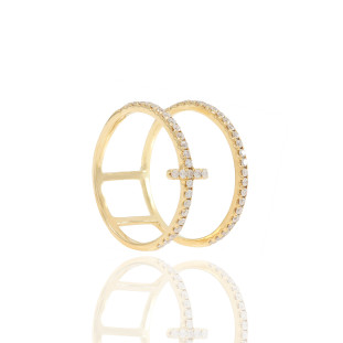 Anel Aro Duplo Cruz e Diamantes Em Ouro Amarelo