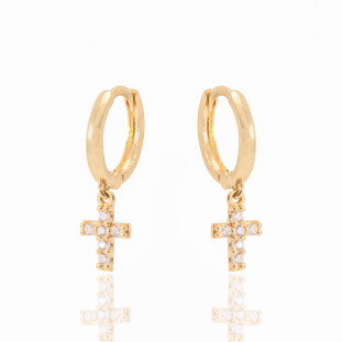 Argola Cruz Cravejada com Zircônia em Ouro Amarelo