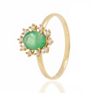 Anel Formatura Oval Com  Esmeralda e Diamantes Em Ouro Amarelo
