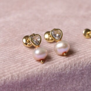 Brinco Pedra Coração Com Pérola Em Ouro Amarelo