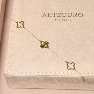 Pulseira Trevos Duplo Com Detalhe Diamantada Em Ouro Amarelo 