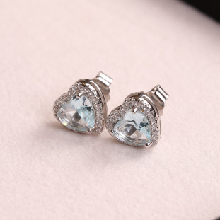 Brinco Coração Cravejado Com Zircônias Água-Marinhas Em Prata