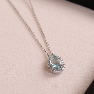 Gargantinha Gota Cravejado Com Zircônias Água-Marinha Em Prata