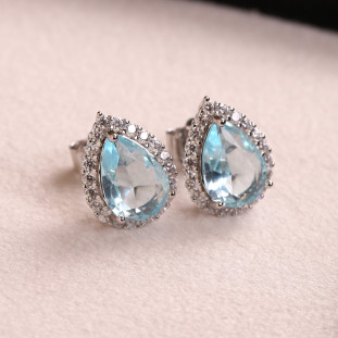 Brinco Gota Cravejado Com Zircônias Água-Marinha Em Prata 