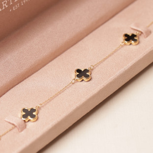 Pulseira Trevos Com Pedras Onix Em Ouro Amarelo 