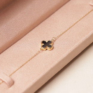 Pulseira Trevo Com Pedra Onix Em Ouro Amarelo 