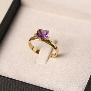 Anel Coração Com Ametistas Em Ouro Amarelo