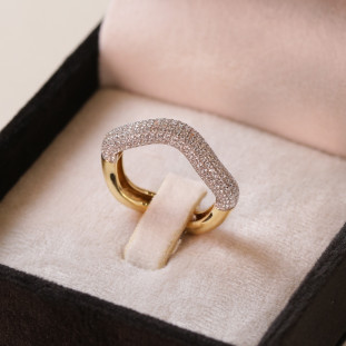 Anel Ondas Cravejado Com Zirônias Ouro Amarelo 