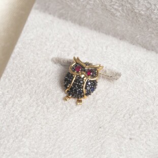 Pingente Coruja Cravejado Com Rubis e Safiras Negras Em Ouro Amarelo