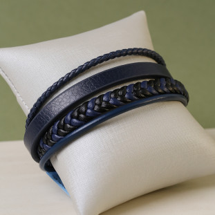 Bracelete De Couro Azul Trançado e Liso Com Aço