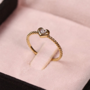 Anel Coração Com Diamante Aro Bolinhas Em Ouro Amarelo