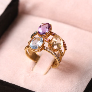 Anel Oval com Pedras Naturais 3 Aros em Ouro Amarelo