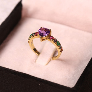 Anel Coração Ametista Pedras Naturais em Ouro Amarelo