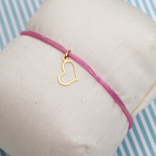 Pulseira Fio De Seda Com Pingente Coração Pequeno Em Ouro Amarelo