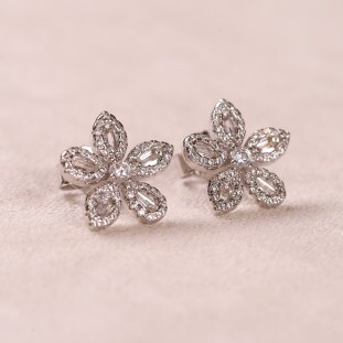 Brinco Flor Pétalas Cravejadas Com Zircônias Em Prata 