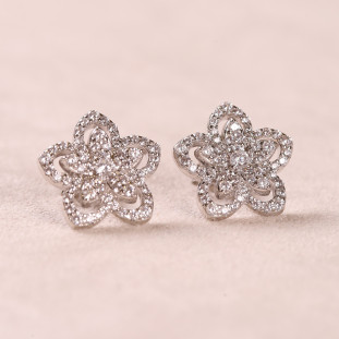 Brinco Flor Vazado Cravejado Com Zircônias Em Prata 