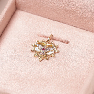 Pingente Coração Espirito Santo Com Rubi  Em Ouro Amarelo 