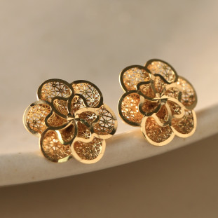 Brinco Rosa Dupla a Laser Em Ouro Amarelo 