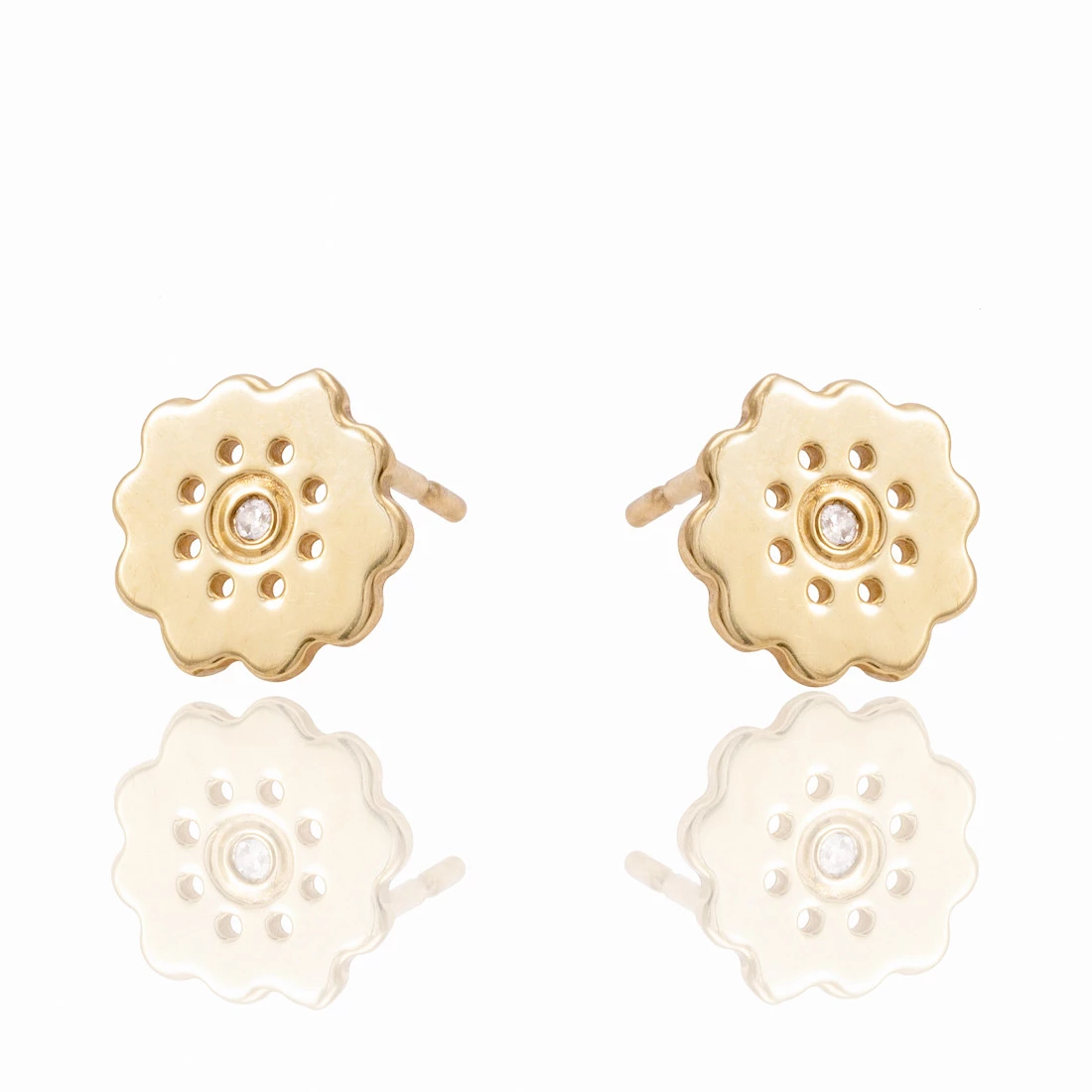 Brinco Infantil Flor com Diamante em Ouro Amarelo