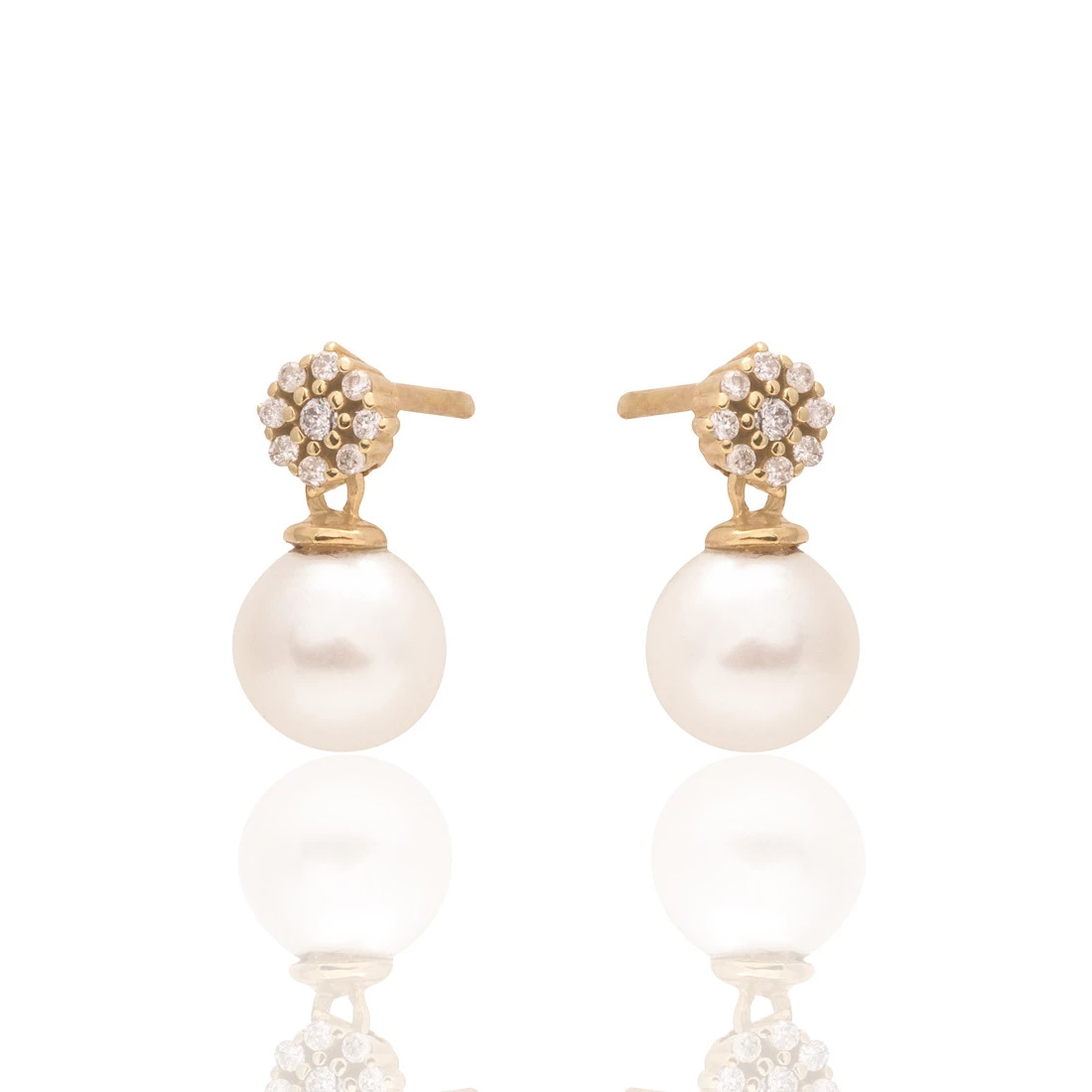 Brinco Flor Pérola com Diamante em Ouro Amarelo