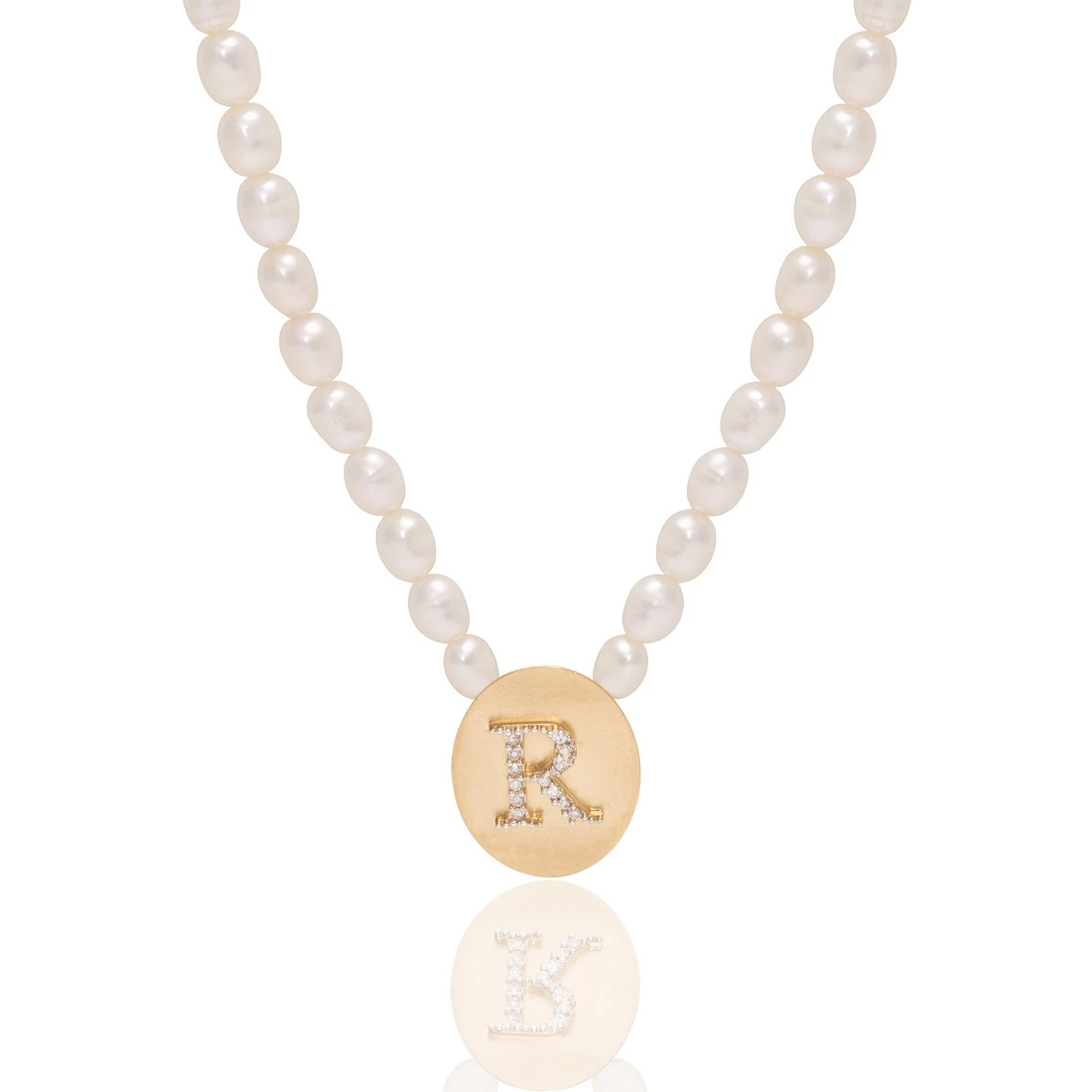 Colar Pérola Letra R com Diamante em Ouro Amarelo