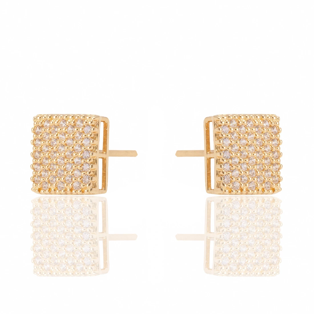 Brinco Chuveiro Quadrado com Zircônia em Ouro Amarelo