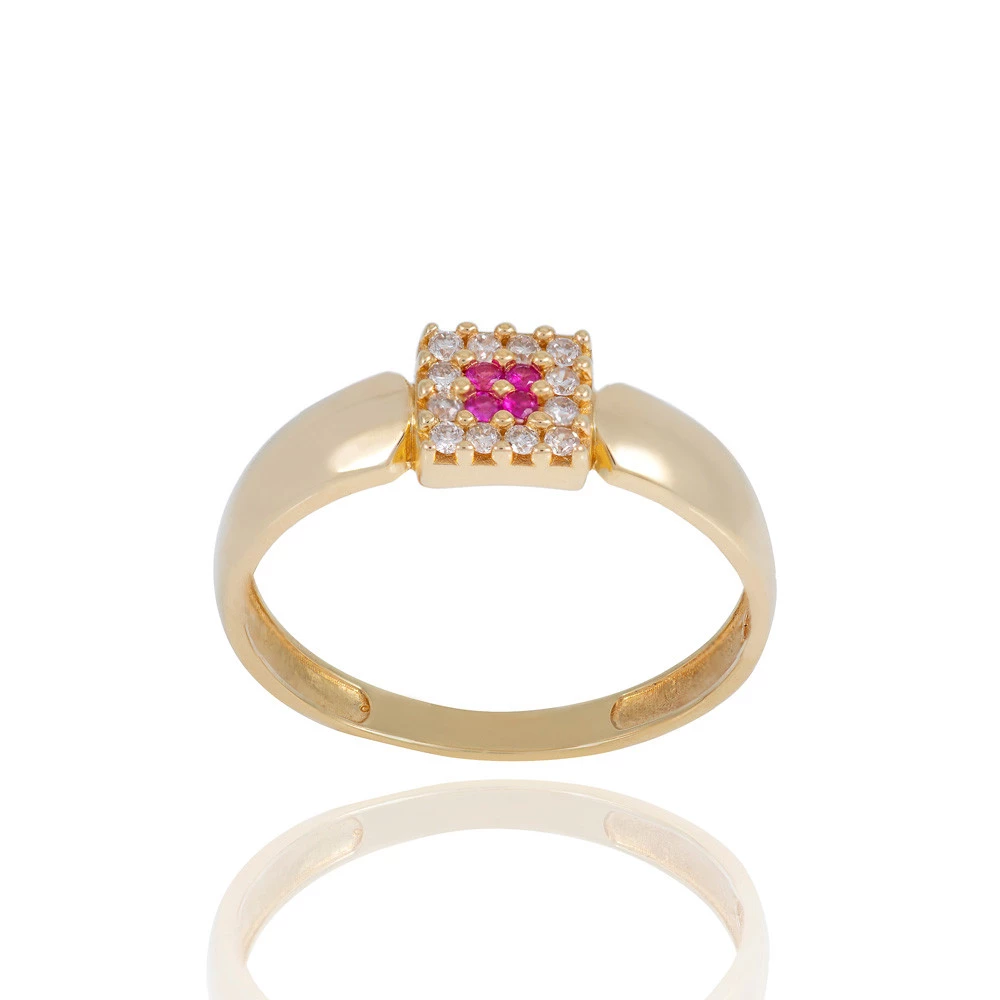 Anel Chuveiro Quadrado com Rubi e Diamantes em Ouro Amarelo
