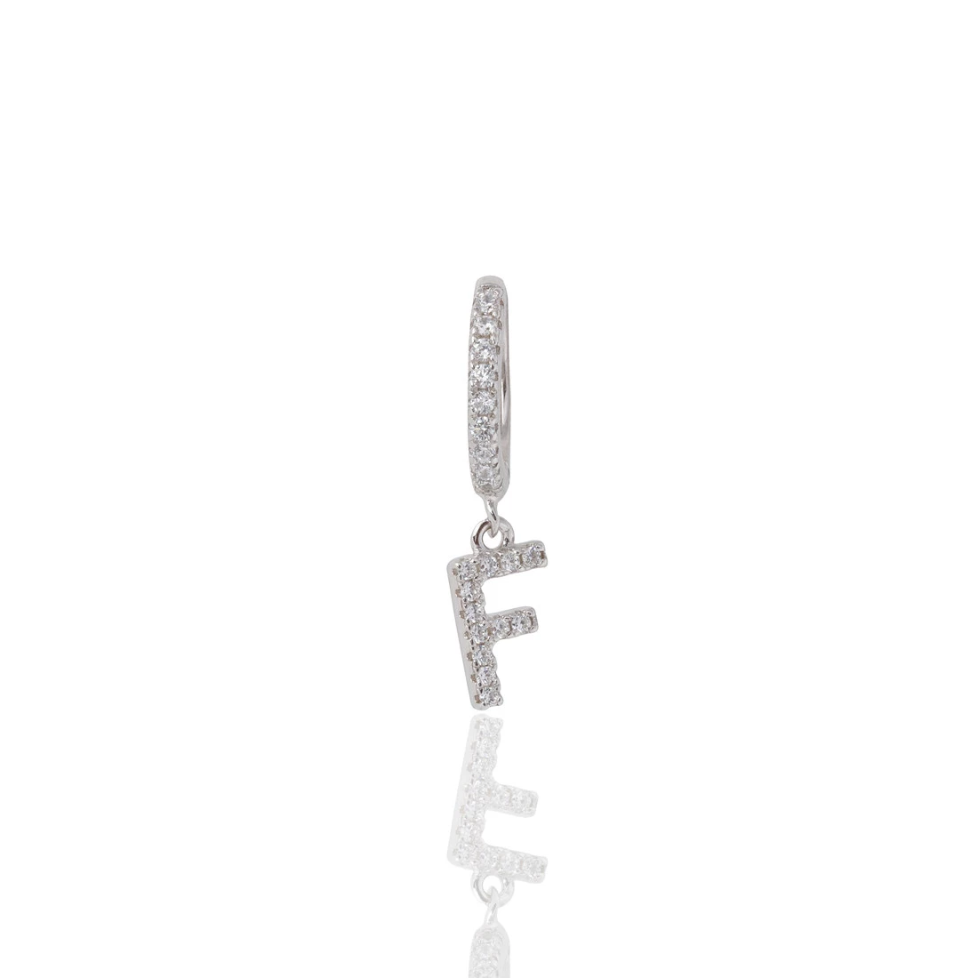 Argola Pequena Letra F Cravejada com Zircônia em Prata