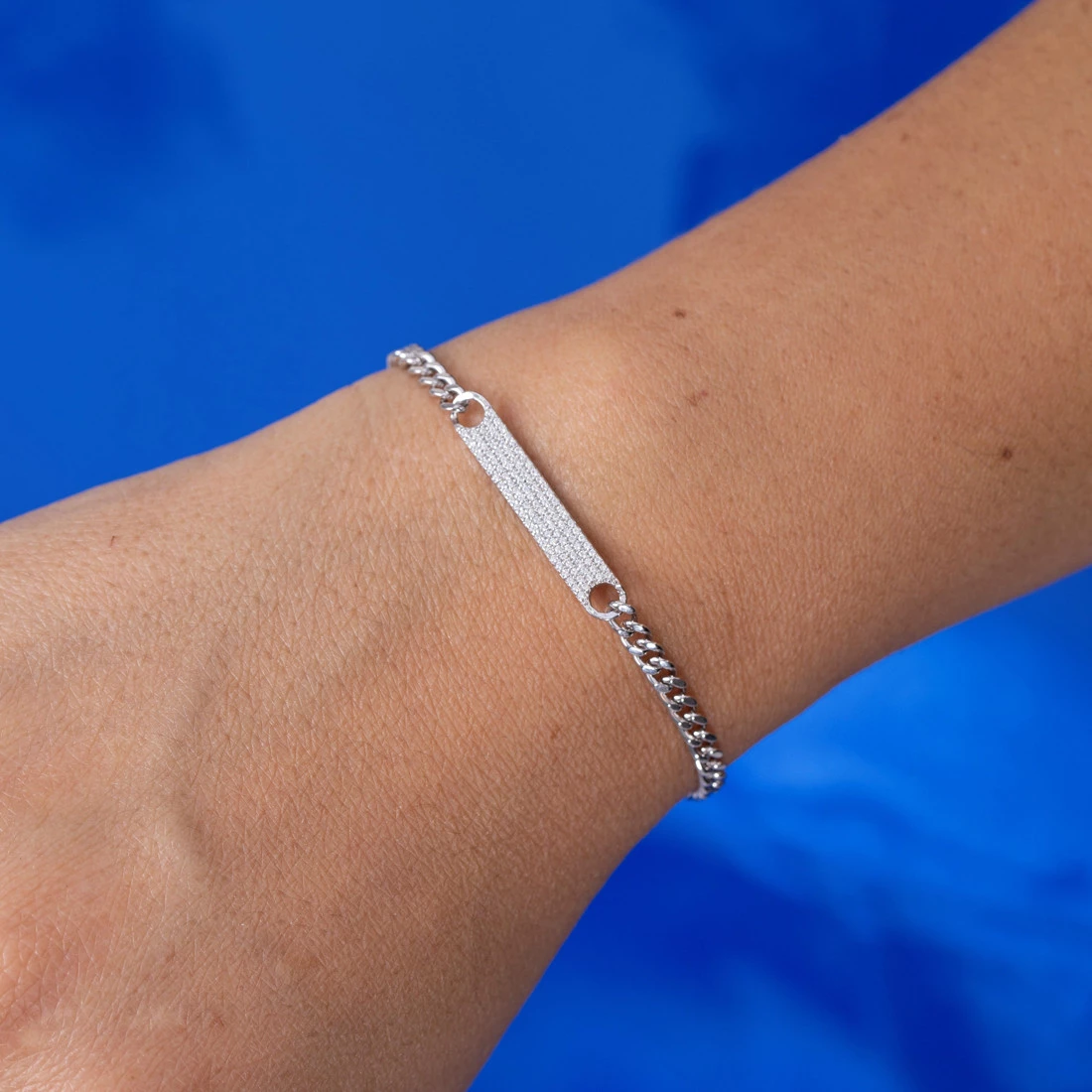 Pulseira Placa Pavê com Zircônia em Prata