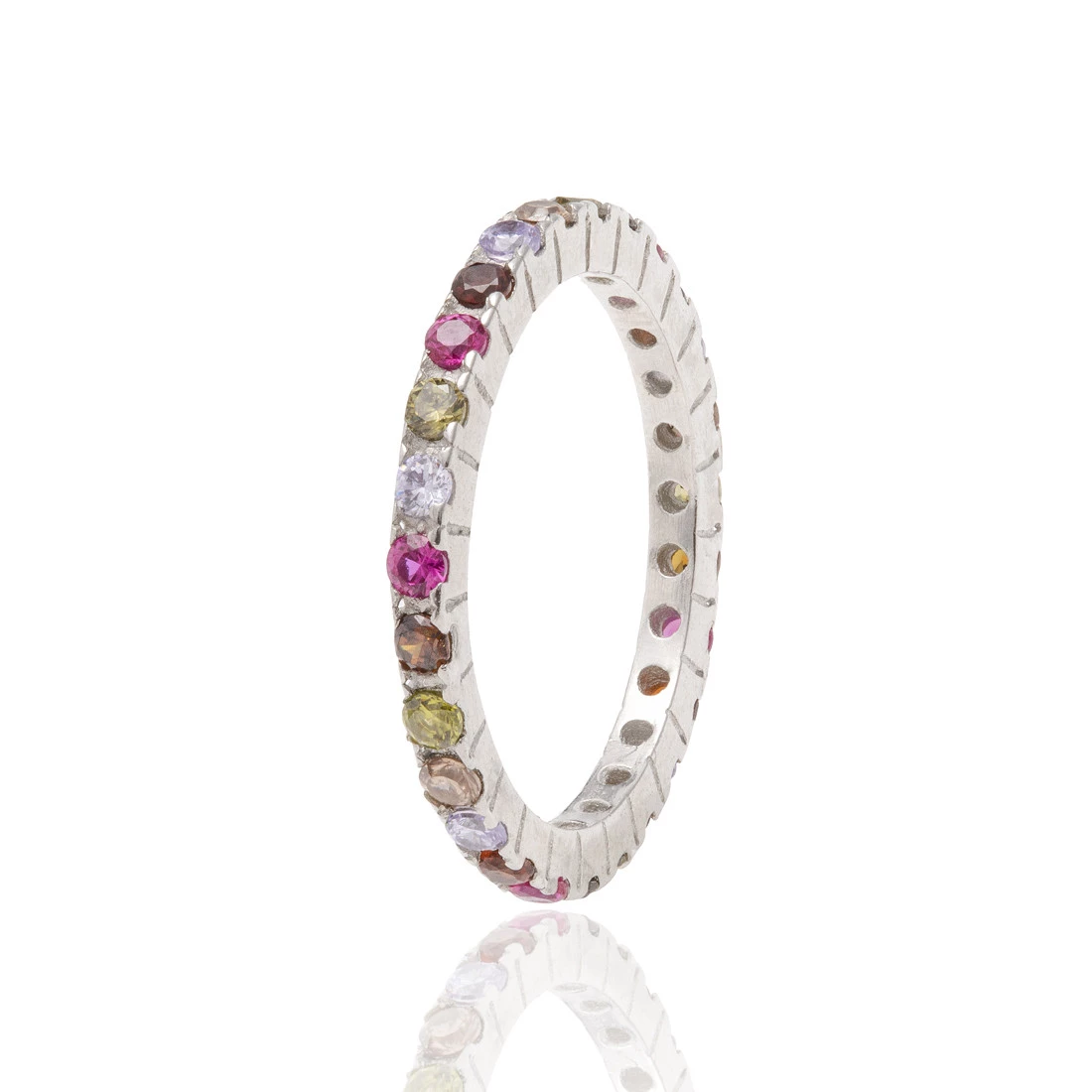 Aliança Inteira Cravejado com Zircônias Mix em Prata