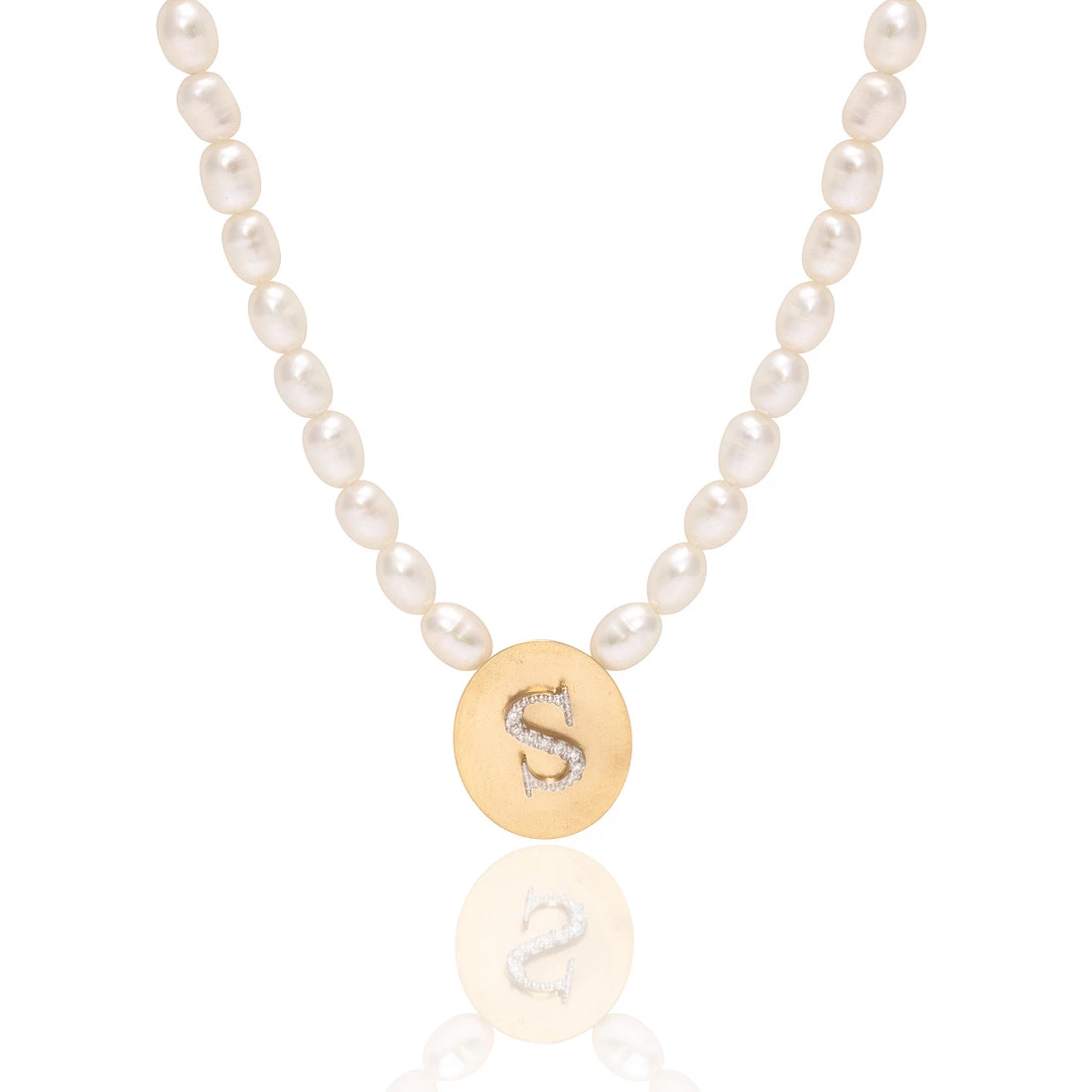 Colar Pérola Letra S com Diamante em Ouro Amarelo