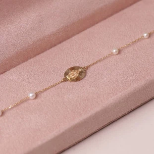 Pulseira Nsa Sra Das Graças Diamantada Com Pérolas Em Ouro Amarelo 