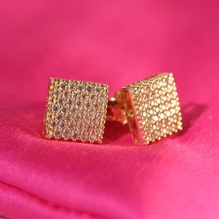 Brinco Chuveiro Quadrado com Zircônia em Ouro Amarelo