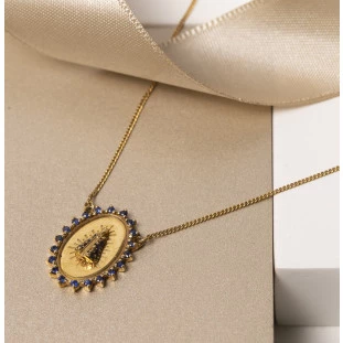 Gargantilha Nsa Sra Aparecida Oval com Safira em Ouro Amarelo