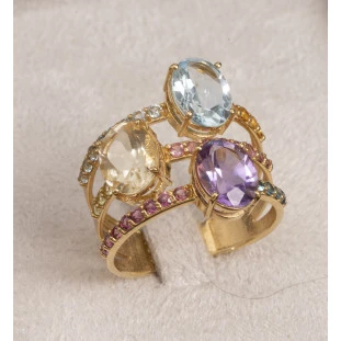 Anel Oval com Pedras Naturais 3 Aros em Ouro Amarelo