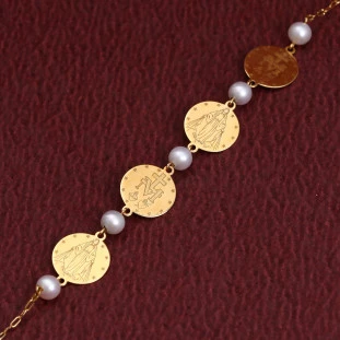 Pulseira Nsa Sra das Graças com Pérolas em Ouro Amarelo