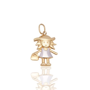 Pingente Menina com Bolsa em Ouro Amarelo