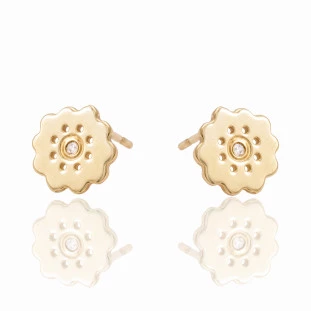 Brinco Infantil Flor com Diamante em Ouro Amarelo