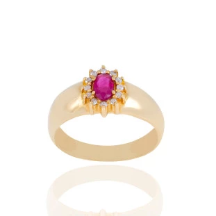 Anel Chuveiro Oval com Rubi e Diamantes em Ouro Amarelo