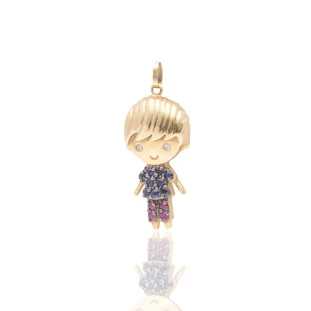 Pingente Menino com Diamante; Rubi e Safira em Ouro Amarelo