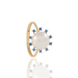 Anel com Pérola e Zircônia em Ouro Amarelo