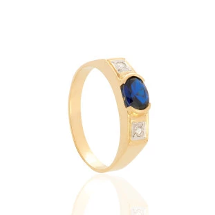 Anel Masculino Safira Sintética com Diamante em Ouro Amarelo
