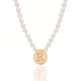 Colar Pérola Letra R com Diamante em Ouro Amarelo