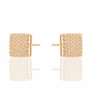 Brinco Chuveiro Quadrado com Zircônia em Ouro Amarelo