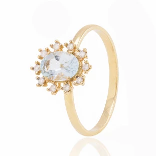 Anel Água Marinha com Diamantes em Ouro Amarelo