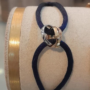 Pulseira Elos Tres Tons Em Ouro Amarelo Rose e Branco Fio Preto